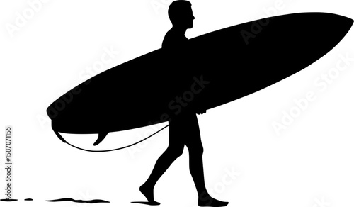 Surfboard Carry Pose A person walking on the beach carrying a surfboard under one arm. full length silhouette black vector illustration