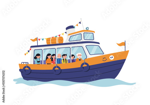 A cartoon boat carries passengers with a waving flag a smiling face on the boat