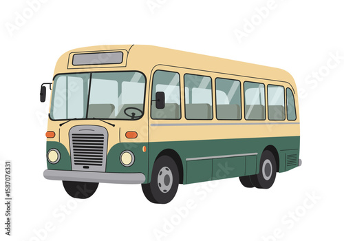 An old bus cream and green is shown in front of a white background