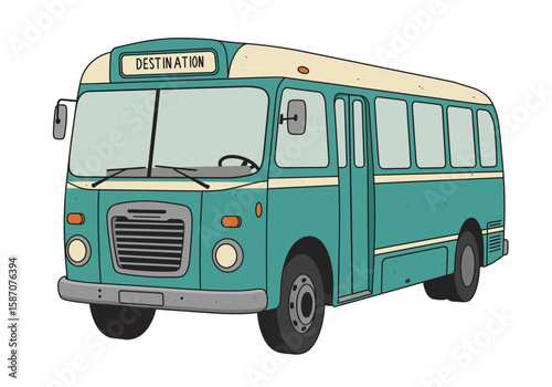 A teal and creamcolored bus features a Destination sign above the windshield