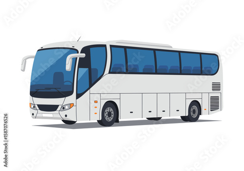 A white coach bus faces left with blue tinted windows on a white background