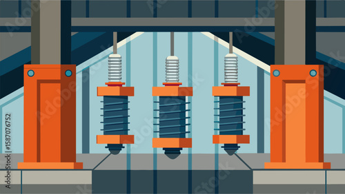 Customized tuning dampers are installed within the building to absorb the energy of seismic forces and prevent structural damage.. Vector illustration