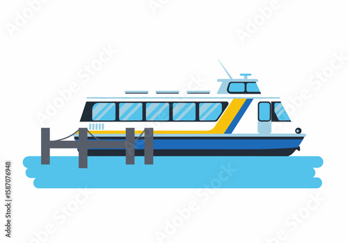 Ferry boat illustration docked on cartoon water at gray pier
