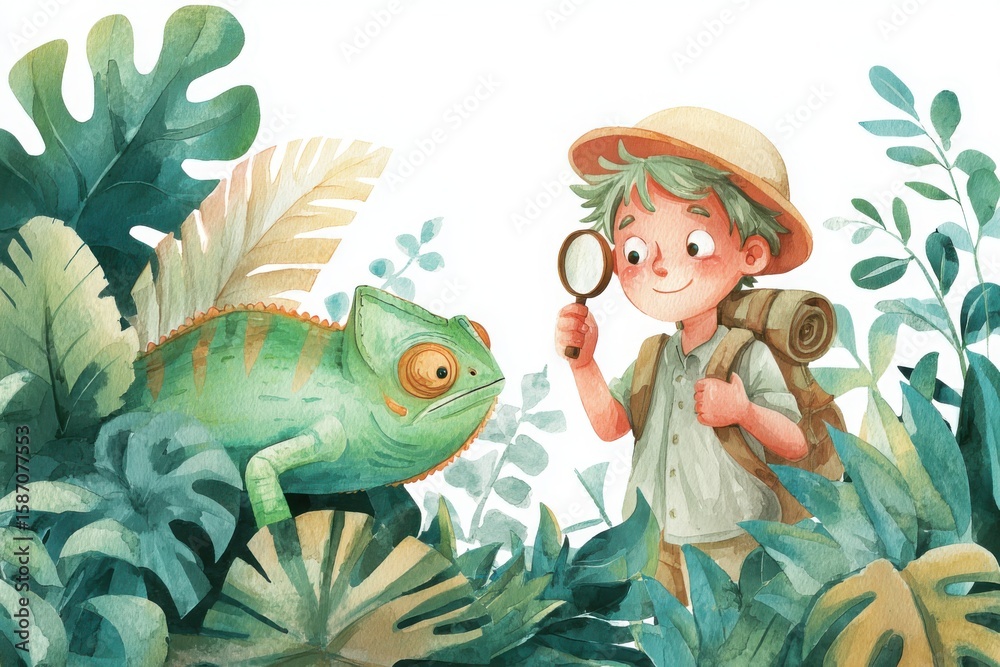 Naklejka premium A curious young explorer with a magnifying glass studies a large chameleon hidden among lush tropical plants and foliage.