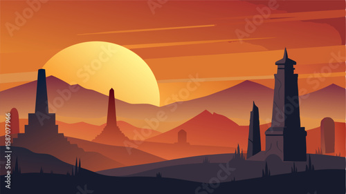 The sun sets behind the distant hills casting a warm glow on the weathered monuments that stand tall in honor of the fallen soldiers.