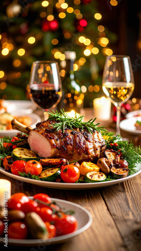 christmas dinner table with champagne