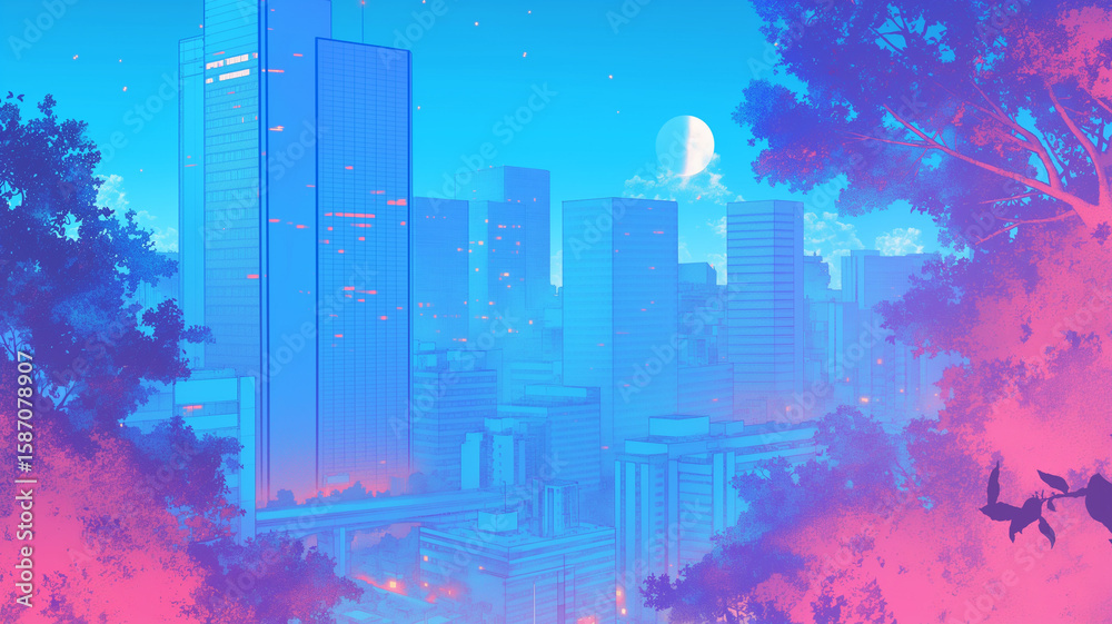 Fototapeta premium レトロアニメのようなタッチで描かれた真夜中の都会風景｜高層ビルの窓が灯る深夜の都市と静寂が共存するイラスト素材｜昭和の空気感を感じるレトロポップな夜の街並み