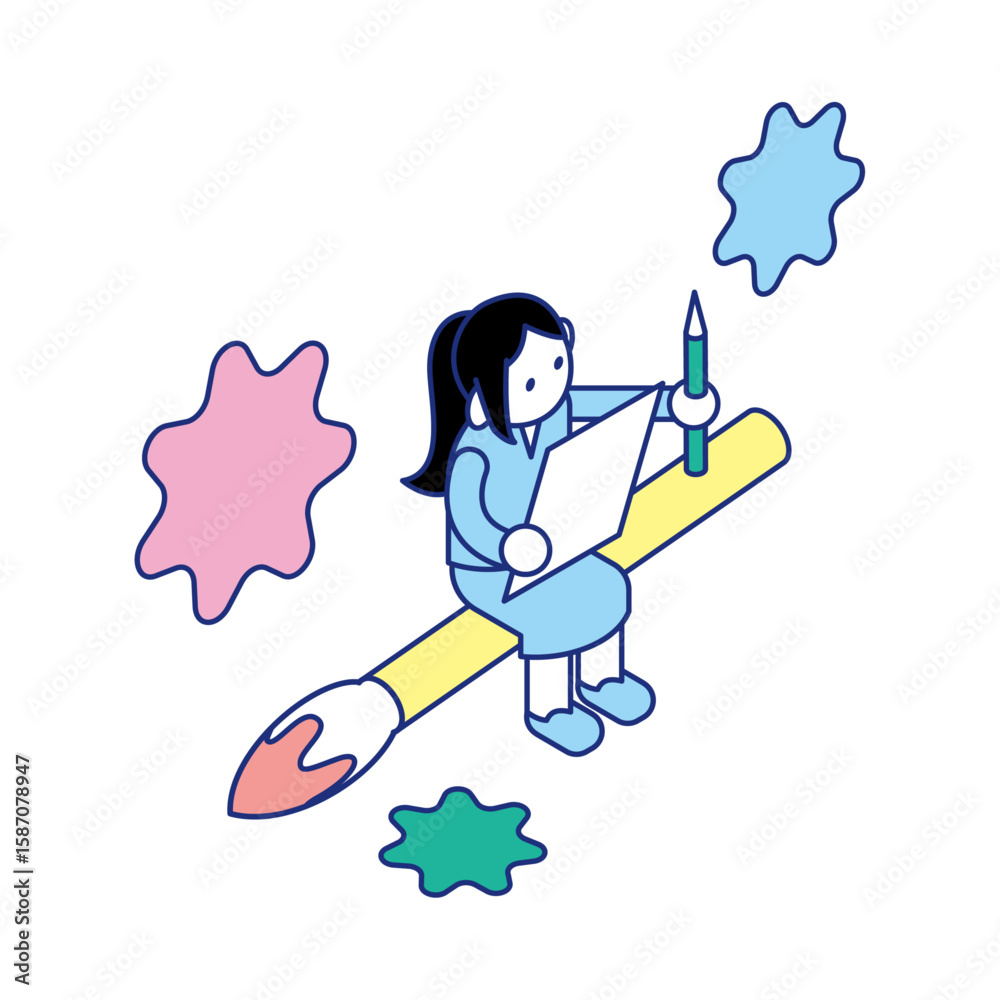 キャンバスに絵を描く子どものアート教育のアイソメイラスト キャンバスに絵を描く子どものアート教育のアイソメイラスト