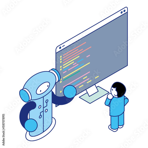 ロボットと子どもが一緒にコードを読み解くプログラミング学習の場面のアイソメイラスト
