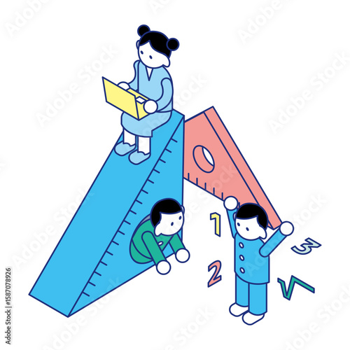 定規の上で学ぶ・遊ぶ子どもたちと数字教育のアイソメトリックイラスト