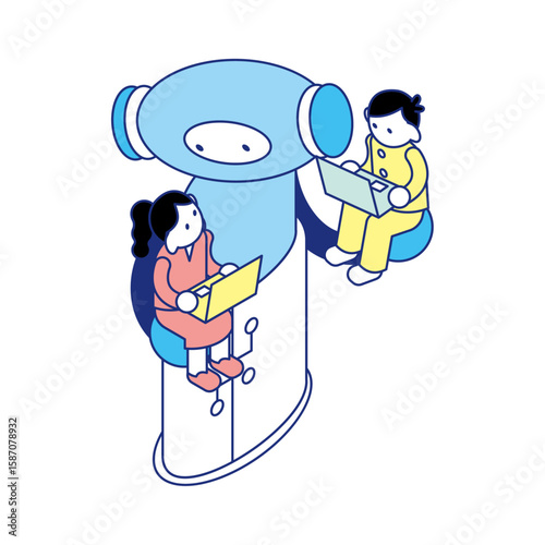 ロボットと子どもが一緒に学ぶ様子とSTEAMの文字を組み合わせたアイソメイラスト