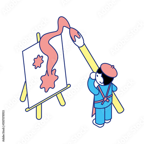 キャンバスに絵を描く子どものアート教育のアイソメイラスト