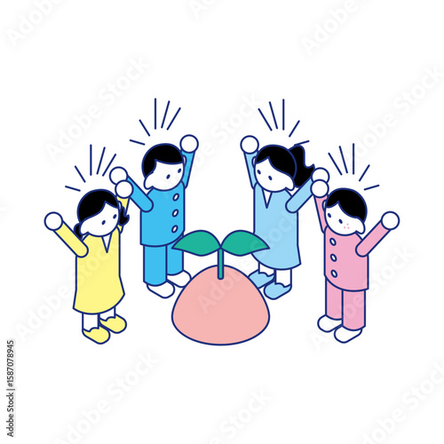 アイデアの芽が出たことを喜ぶ子どもたちのアイソメトリックイラスト