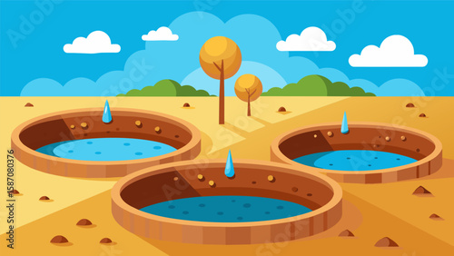 Excavated holes fill with rainwater creating miniature lakes within the construction site.. Vector illustration