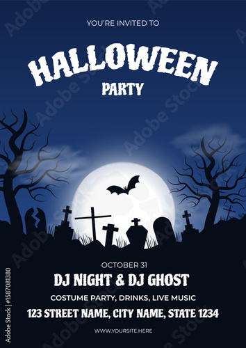 Happy Halloween party invitation vertical banner. Holiday event card for holiday template with bat, tree, moon, graveyard flat style dark blue background. Vector illustration