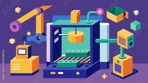 The 3D printer utilizes innovative algorithms to optimize material usage reducing waste and ting down on construction costs.. Vector illustration