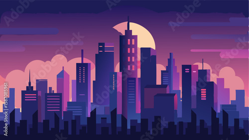 The urban skyline transformed by dusk the citys rush slowing to a gentle hum under the moons rising glow.