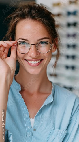 A woman wearing glasses smiles warmly in a bright and cheerful setting with various eyewear options in the background, vertical video
