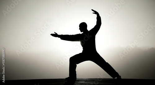 Silhouette of a Person Practicing Tai Chi Outdoors for Health and Wellbeing, Promoting Mind-Body Connection