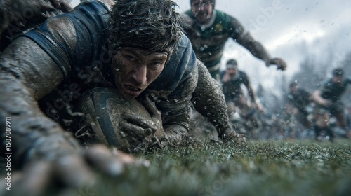 Intense Rugby Match with Muddy Players Battling for the Ball