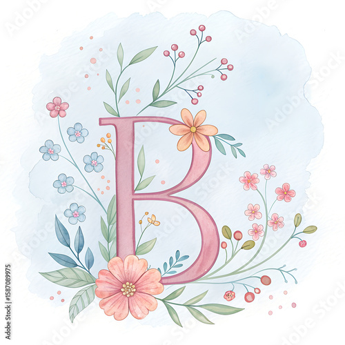 Watercolor alphabet letter “B” decorated with tiny flowers and leaves.
