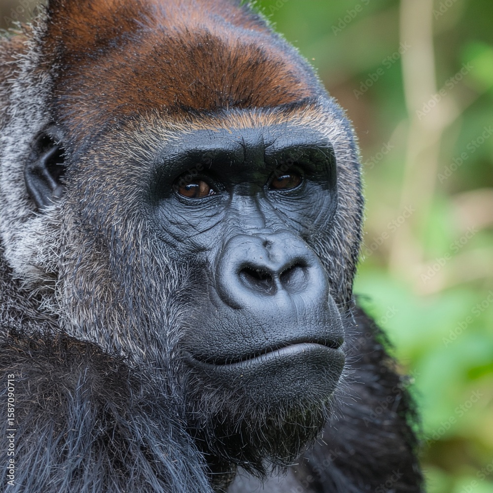 Obraz premium Close-Up of Alpha Male Gorilla with Bokeh Leaf Background