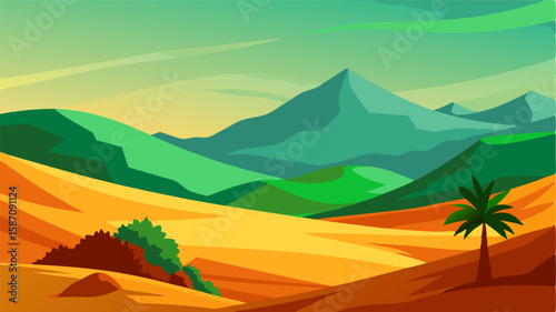 The subdued colors of the desert are brought to life by the stark contrast of the green oasis at the base of the hills.