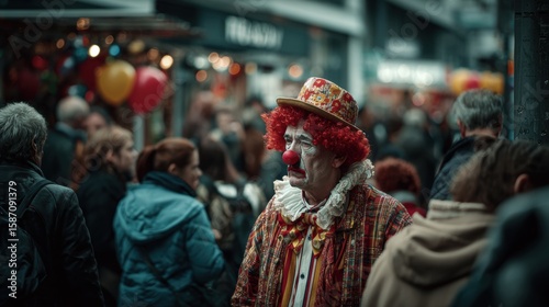 Wallpaper Mural Sad clown stands alone in a bustling crowd, unnoticed by the lively passersby on a bustling city street Torontodigital.ca