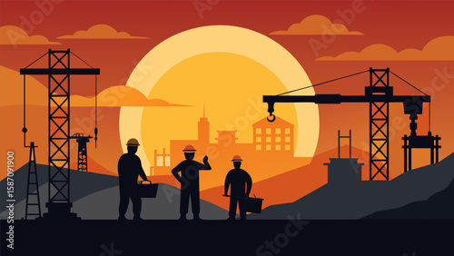 The sun setting behind the silhouettes of cranes and construction workers a symbol of the perseverance and dedication required to complete such a. Vector illustration