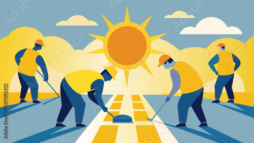 The sun shining down on a group of workers each one focusing intently on their designated section of the sidewalk ensuring the patterns are evenly. Vector illustration