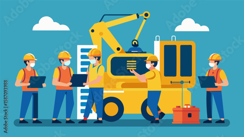 The maintenance team is using specialized tools to diagnose and fix an issue with an excavators electrical system ensuring it can continue its digging. Vector illustration