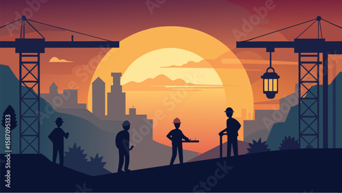The last rays of sunlight paint a beautiful picture with the silhouettes of construction workers and cranes adding to the striking scene of a sunset. Vector illustration