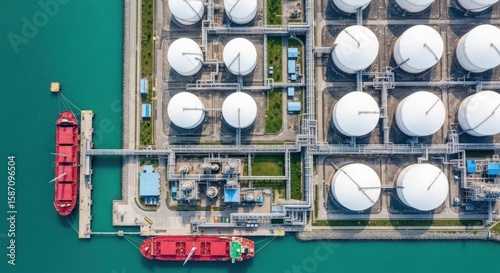 Photo of an aerial view captures a vast oil storage facility with numerous tanks, ships docked at the harbor, and intricate industrial infrastructure
