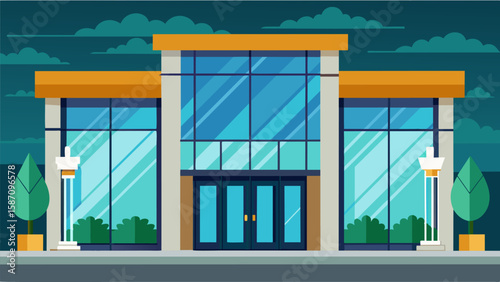 The customdesigned glass panels add a touch of elegance and brightness to the buildings facade.. Vector illustration