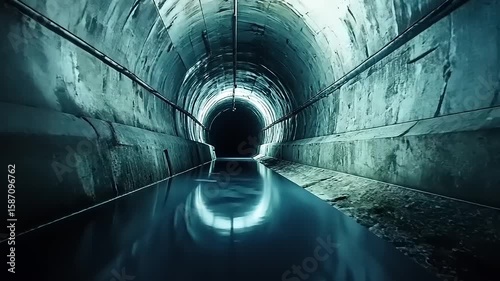 Dark tunnel with reflective water surface leading to an unknown exit, evoking mystery and exploration