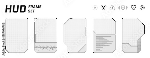 Hi tech cyberpunk HUD with transparent glass panels, square callouts and sleek digital frames. Abstract black and white UI creates a futuristic game or AI interface.