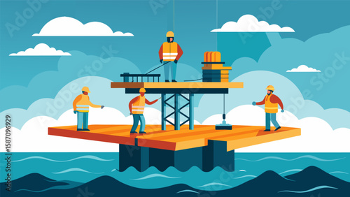 In the middle of a stormy sea construction workers are seen braving the elements as they work together to assemble a floating platform that will be. Vector illustration
