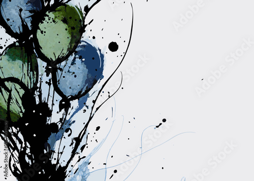 Abstract ink splatters create a dynamic background with blue and green hues. Abstract ink splatters give artistic touch, showing expressive drips and splashes blending naturally,