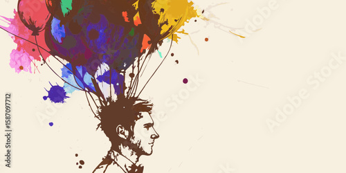 Colorful imagination illustration shows male head with colors exploding like balloons. Conceptual colorful imagination represents creativity, inspiration, and innovative thoughts in bright hues.