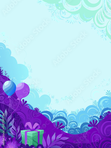 Whimsical gift background is ideal for celebratory themes, providing festive design with balloons and wrapped present on stylized landscape. Whimsical gift background element to create invites, cards,