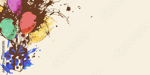 Present illustration with colorful balloons, a graphic rendering of a gift box with assorted balloons bursting upward with artistic flair. Present illustration evokes celebration and joyful surprise.