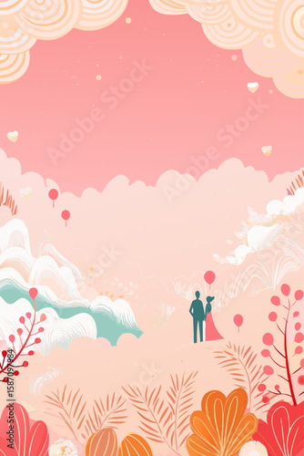 Silhouette couple illustration shows two people together amid soft clouds and gentle foliage. Romantic silhouette couple illustration includes soft pastel colors, evoking feelings of togetherness.