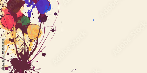 Colorful paint splash artwork with floating balloons and color blots on textured paper. Paint splash design features vibrant colors in abstract strokes and swirling patterns,