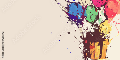 Watercolor balloons bursting from gift box on bright background, spreading ink splashes. Celebration includes joyful watercolor balloons, bringing vibrant colors from present,