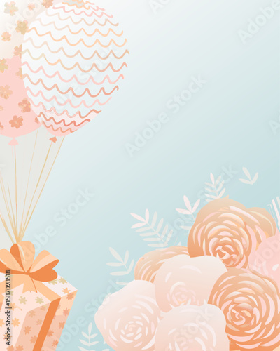 Gift box illustration with floral arrangement and balloons for party invitation. Gift box illustration showcases celebration elements like blooms, present and wavy air balloons.