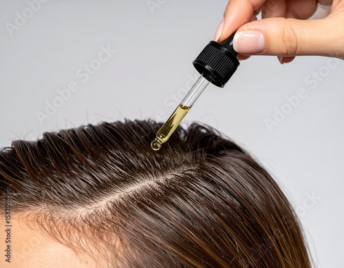Wallpaper Mural Woman's hand applying hair growth serum to scalp with a dropper. Closeup of hair care routine for healthy, revitalized dark hair. Torontodigital.ca