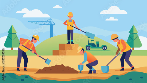 The site was quickly coming to life as the workers began to lay out the framework and start excavating the foundation.. Vector illustration
