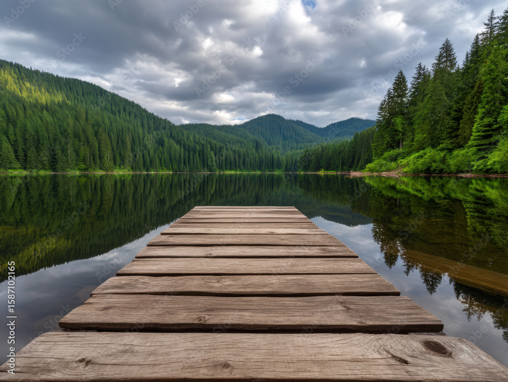 Fototapeta premium wooden dock extends over a calm lake surrounded by dense pine forests and rolling hills under a cloudy sky.