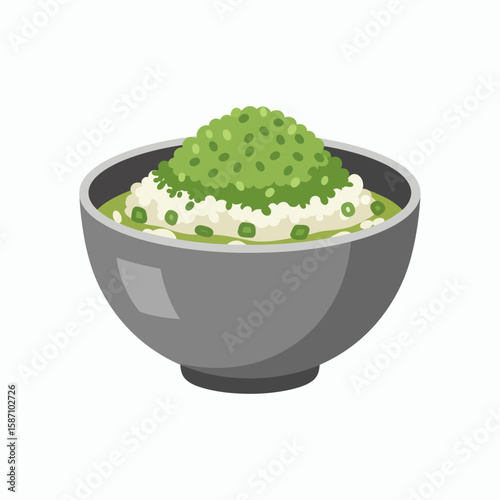 A gray bowl of white rice with chopped green onions topped with a mound of green paste possibly zunda