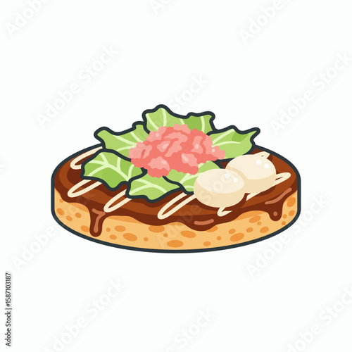 A Japanese savory pancake okonomiyaki with brown sauce mayonnaise drizzle pickled ginger lettuce and two mochi balls